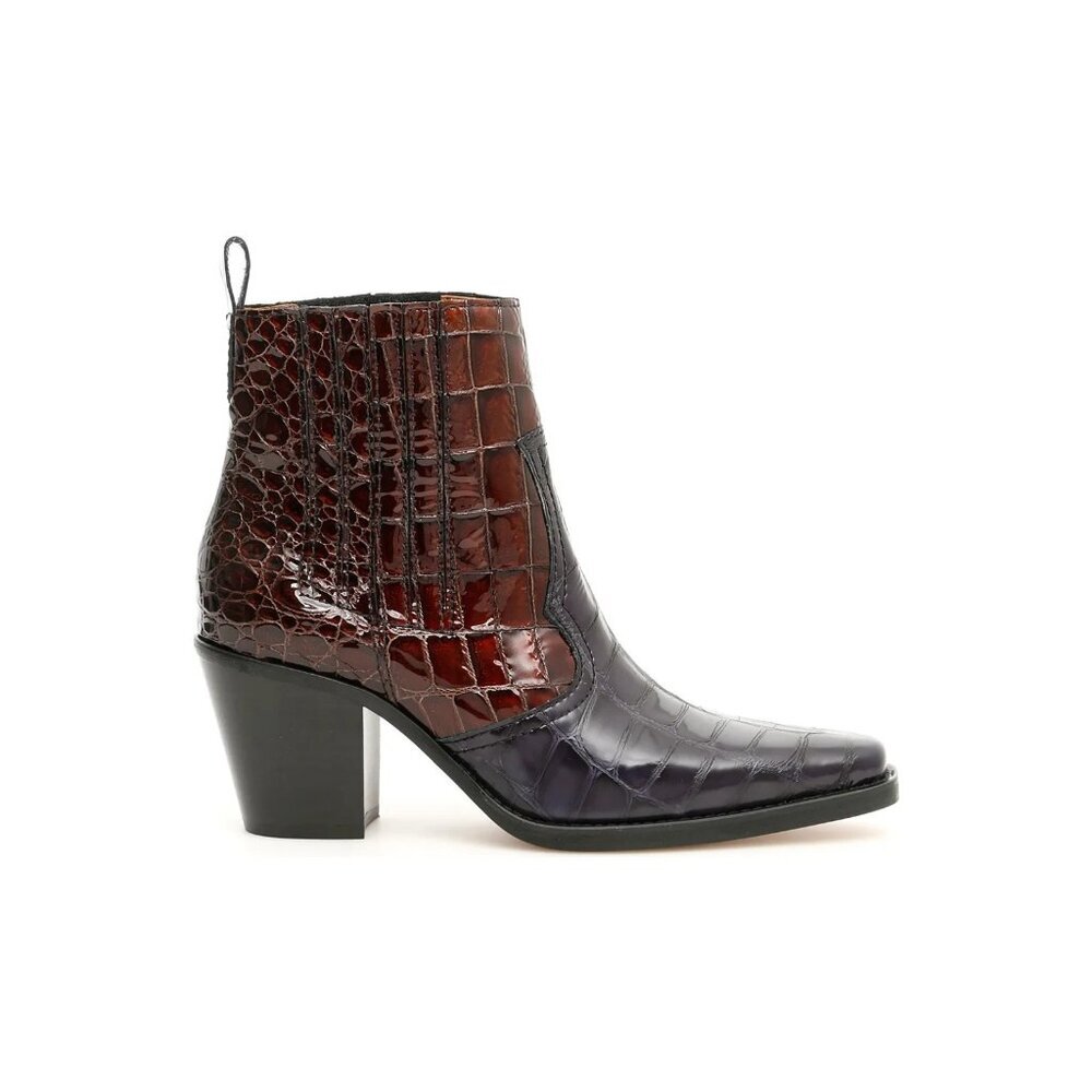 GANNI CALLIE WESTERN COWBOY GANACHE CROC PRINT LEATHER ANKLE BOOTS 36 6 M NEW